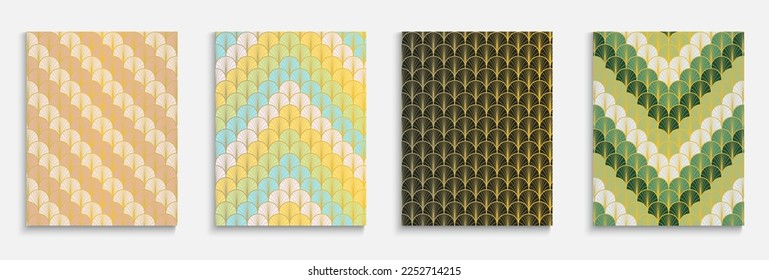 Japanese Golden Fan Trendy Cover Set. Bright Color Retro A4 Design. Rich VIP Kimono Frame. Asian Ancient Template Set. Funky Dynamic Glam Textile Backgroud. Geometric Stripes Cover.