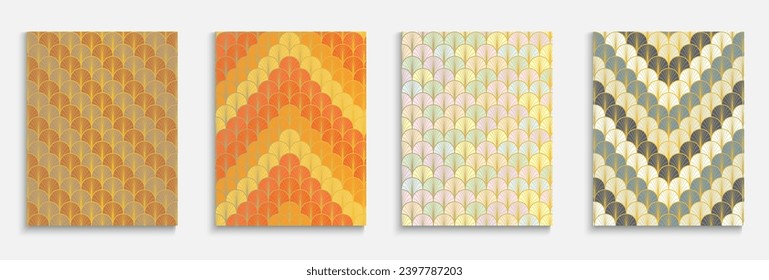 Japanese Golden Fan Trendy Cover Set. Bright Color Ancient A4 Print. Chinese Retro Folder Set. Luxurious Geometric Frame. Kimono Stripes Cover. Simple Dynamic Edgy Textile Backgroud.