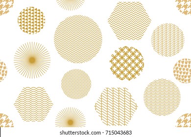 Japanese golden print with hexagons and circles. Seamless vector pattern with different geometric elements. Abstract white background with golden ornaments. Oriental textile collection.