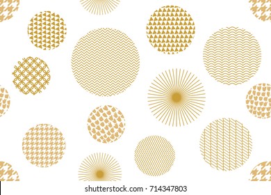 Japanese golden print. Seamless vector pattern with different geometric shapes. Abstract white background with golden ornaments. Oriental textile collection.