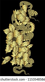 Japanese golden snake with hibiscus flower vector for tattoo design.Chinese golden illustration on black background.
