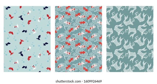 Japanese Goldfish Pond, Koi Carp Abstract Vector Background Collection