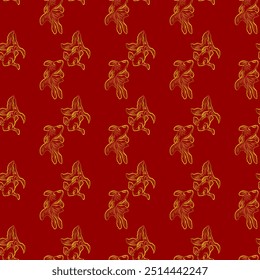 Japanese goldfish Seamless pattern, Japanese culture and art. The goldfish are depicted with flowing fins and tails, outlined in a golden on red background