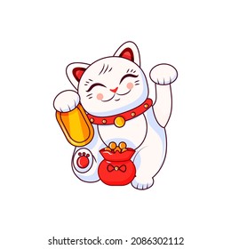 Japanese good luck cat Maneki Neko on a white isolated background. Symbol of wealth. Vector cartoon illustration.