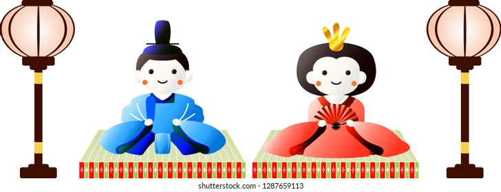 Japanese Gradation cute Hina dolls on tatami sheet with paper lantern