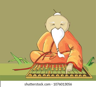 Japanese grandfather counts on the abacus. Abacus.Grandpa Asian with a beard.A gray-haired grandfather is a mathematician.