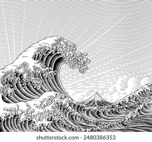 A Japanese great wave design in a vintage retro engraved etching woodcut style