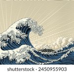 
A Japanese great wave sea Japan engraved art design in a vintage woodcut intaglio style