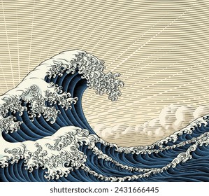 Un gran mar japonés de la ola Japón grabado diseño de arte en un estilo de intaglio de madera vintage