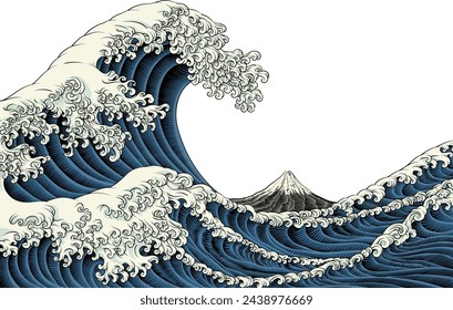 
A Japanese great wave sea Japan engraved art design in a vintage woodcut intaglio style