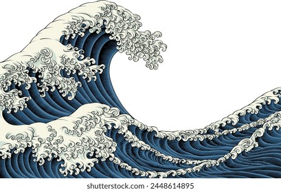 
A Japanese great wave sea Japan engraved art design in a vintage woodcut intaglio style