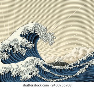 
A Japanese great wave sea Japan engraved art design in a vintage woodcut intaglio style