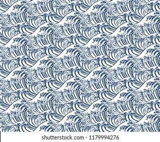 A Japanese great wave seamless pattern print, single color.
