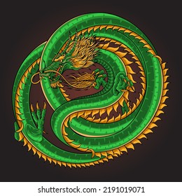 Japanese green dragon illustration. Tattoo design details