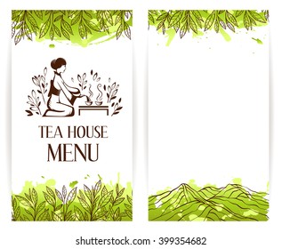 Japanese green tea ceremony logo. Menu template.  Vector banner collection.