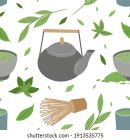 Japanese green tea matcha seamless pattern. Clay teapot, a cup of tea and with green leaves. Oriental tea ceremony. Vector texture for fabrics, wallpapers, wrapping paper and your creativity