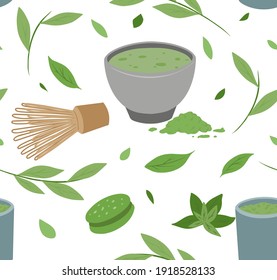 Japanese green tea matcha seamless pattern.Wood whisk, cup of tea, cookie and with green leaves. Oriental tea ceremony. Vector flat texture for fabrics, wallpapers, wrapping paper and your creativity