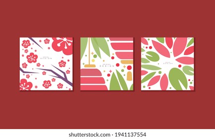 Japanese Greeting Cards Collection, Beautiful Floral Design Banner, Poster, Backdrop Vector Illustration