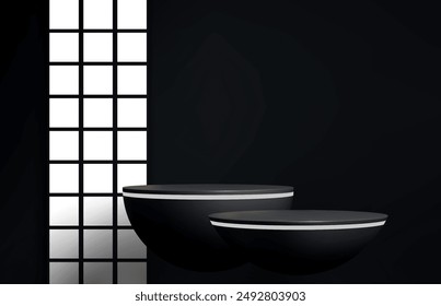 Japanese grey or black podium stage against a geometric backdrop with a grid pattern. Vector elegant Japan style semi-spherical platforms for showcasing cosmetic products, ceremonies or presentations