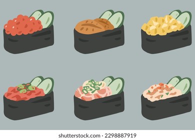 Crimen de maki japonés de gunkan sushi dibujado a mano vector de ilustración plana, huevo de salmón de urchín de maíz de maíz salada de bogavante