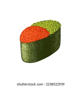 Japanese gunkan with red and green masago caviar and rice wrapped in nori seaweed. Vector clipart.