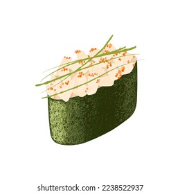 Japanese gunkan with a scallop with masago caviar and rice wrapped in nori seaweed. Vector clipart.