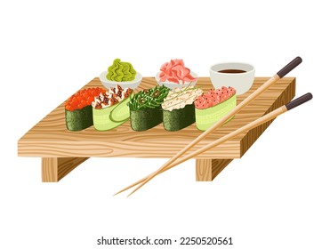 Japanese gunkan sushi with red caviar, salmon, chukka, eel on wooden table. Vector illustration.