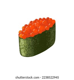 Japanese gunkan sushi with salmon caviar vector clipart. Red caviar, rice wrapped in nori seaweed.