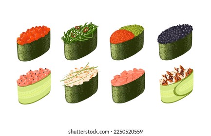 Conjunto de vector de sushi de gunkan japonés. Sushi con diferentes tipos de relleno sobre fondo blanco. La comida asiática.