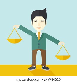 A japanese guy holding a Weighing scale inclined to the other side. Balancing concept. A Contemporary style with pastel palette, soft blue tinted background. Vector flat design illustration. Square