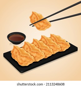 Japanese gyoza dumplings (potstickers) recipe and chopsticks holding gyoza illustration vector.