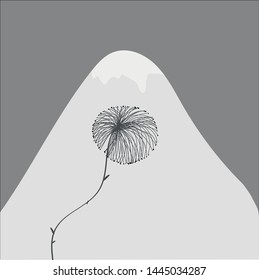 Japanese haiku landscape, Graphic empty dandelion and gray mountain