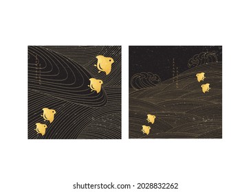 Japanese hand drawn wave background with Asian traditional icon decoration vector. Geometric curve banner design with abstract art elements in vintage style.