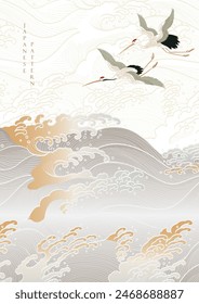 Fondo de onda dibujado a mano japonés con Vector de elemento de pájaros de grúa en estilo vintage. Anuncio oriental con arte en línea.