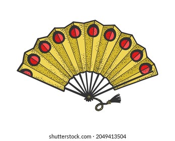 Japanese hand fan color sketch engraving vector illustration. T-shirt apparel print design. Scratch board imitation. Black and white hand drawn image.