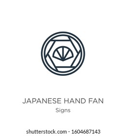 Japanese hand fan icon. Thin linear japanese hand fan outline icon isolated on white background from signs collection. Line vector sign, symbol for web and mobile