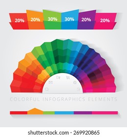 japanese hand fan infographics pie chart element design and timeline for business presentations in bright multiple color spectrum