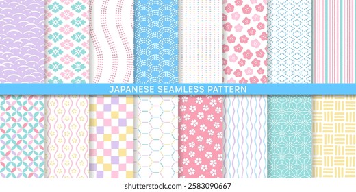 Japanese hand-drawn seamless pattern collection. Spring pastel color background.