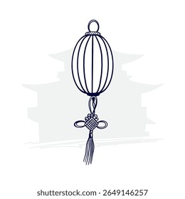 Lanterna de suspensão japonesa. Silhueta de lembrança oriental tradicional em estilo gráfico preto e branco. Ilustração de vetor desenhada à mão. Para cartões-postais turísticos, convites, banners, cartazes, livretos.