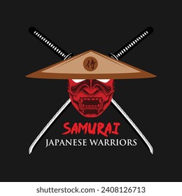 Japanese Hannya Mask and Katana ShogunLogotype Icon Red and Black Detailed Vector