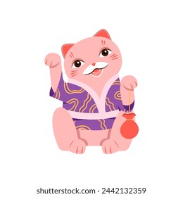 Japanese happiness cat. Maneki neko cat, japanese fortune symbol cartoon vector illustration
