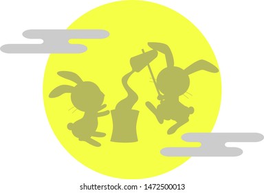 Japanese harvest festival culture in autumn. The rabbit is on the moon. Crush rice to make dumplings.