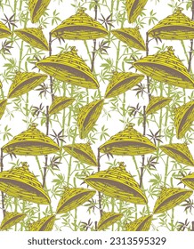 Japanese hat and bamboo. Seamless pattern. Suitable for fabric, mural, wrapping paper and the like