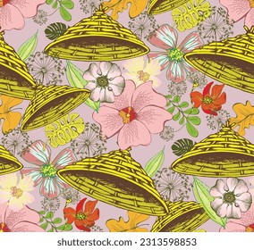 Japanese hat and flowers. Seamless pattern. Suitable for fabric, mural, wrapping paper and the like
