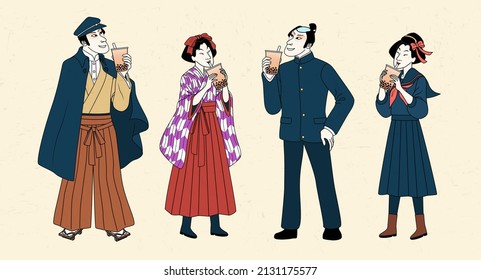 Japanese having bubble milk tea. People of Taisho period drinking tapioca milk tea isolated on beige background