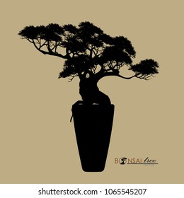 Japanese hawthorn bonsai, Black silhouette of bonsai. Detailed image. Vector illustration.