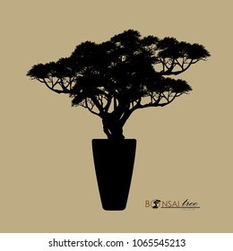 Japanese hawthorn bonsai, Black silhouette of bonsai. Detailed image. Vector illustration.