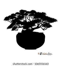 Japanese hawthorn bonsai, Black silhouette of bonsai. Detailed image. Vector illustration.