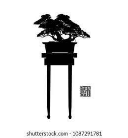 Japanese hawthorn bonsai, silhouette of bonsai. Detailed image, Mini tree, Vector illustration.
