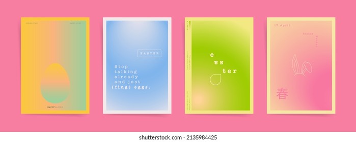 Japanese hieroglyph - spring. Easter hunt card cover or poster template design set. Spring aesthetic japanese gradient graphic backgrounds. Pale blue, pink, green vibrant colors.